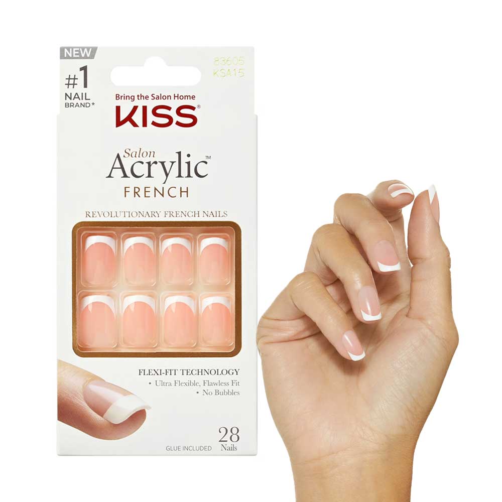 Kiss Salon Acrylic, Press On Nails, Nude/White, Short Size